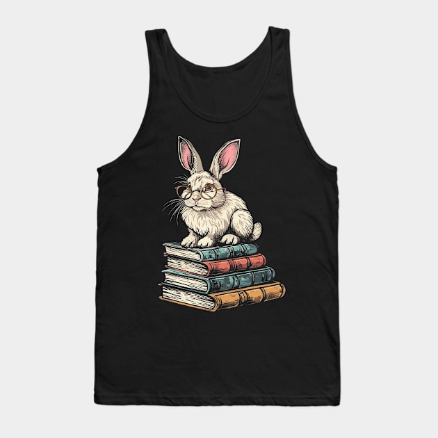 Vintage Rabbit Reading Bunny With Glasses Happy Easter Tank Top by RetroZin